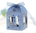 Elegant navy blue laser-cut wedding candy box with silhouette and satin ribbon - Sapphire Blue