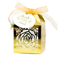 Golden laser-cut rose hollow candy box with yellow ribbon and thank you tag for weddings - Reflective Gold