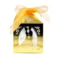 Golden laser-cut wedding favor box with bride and groom silhouette and yellow ribbon bow - Reflective Gold