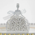 Silver glitter ballerina favor box with laser-cut hollow lace dress and ribbon bow - Silver Glitter