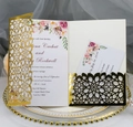Navy laser-cut pocket wedding invitation set with floral insert card and gold accents - Reflective Gold