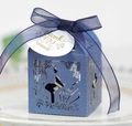 Dark blue hollowed wedding favor box with ribbon and Thank You tag for candy - Sapphire Blue