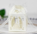Ivory hollow laser-cut wedding candy box with groom and bride silhouette and ribbon - Ivory