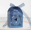 Boîte à bonbons croix creuse bleu foncé pailleté avec ruban pour baptême ou mariage - Bleu Saphir