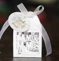 White laser cut wedding favor box with Mr & Mrs silhouette and gold thank you tag - White