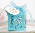 Light blue laser cut candy box featuring swan heart pattern and thank you tag - Tiffany Blue