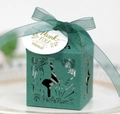 Dark green laser-cut wedding candy box with groom and bride silhouette and ribbon - Dark Green