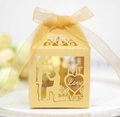 Golden laser cut wedding favor box with Mr Love Mrs design and elegant organza ribbon - Gold