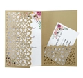 Laser-cut champagne gold wedding invitation with floral inner card and RSVP set - Beige Gold