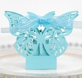 Elegant laser-cut butterfly wedding favor box in light blue with matching ribbon bow - 50 Pieces / Turquoise Blue