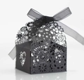 Elegant black laser-cut candy box with floral hollow patterns and black organza ribbon - Black