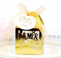 Golden hollow wedding candy box with Mr & Mrs silhouette and thank you tag - Reflective Gold