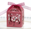 Elegant burgundy laser-cut swan candy box with matching ribbon for wedding favors - Dark Red