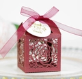 Laser-cut burgundy rose candy box with shimmering texture and thank you tag - Dark Red