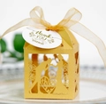 Golden laser-cut wedding candy box with heart-shaped thank you tag and ribbon - Gold