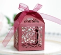 Laser-cut wine red hollow wedding candy gift box with rose pattern and silk ribbon - Dark Red