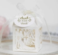 Elegant white laser-cut wedding favor box with Mr & Mrs design and thank you tag - Ivory