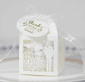 White laser-cut wedding favor box with ribbon and round Thank You hanging tag - Ivory