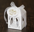 White laser-cut wedding favor box with bride and groom silhouette and ribbon - White (With Thank You Tag)
