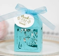 Laser-cut sky blue candy gift box with Mr & Mrs hollow design and blue ribbon - Tiffany Blue