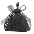 Elegant black princess silhouette wedding candy box with glitter finish and lace hollow cutouts - Glitter Black