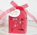 Elegant red laser-cut wedding favor box with Mr & Mrs silhouette and satin ribbon - Pearlescent Red