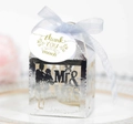 Elegant silver laser-cut Mr & Mrs wedding candy box with blue ribbon and thank you tag - Reflective Silver