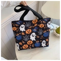 Detail of Halloween tote bag showing ghost, pumpkin, and witch hat prints on black canvas - Black Type 2