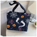 Detail of Halloween tote bag with ghosts and pumpkins pattern on blue canvas - Blue Type 1