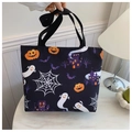Detail of Halloween tote bag with pumpkin, ghost and castle prints on black canvas - Black Type 1