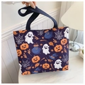 Detail of Halloween tote bag featuring ghosts and pumpkins with black fabric handle - Blue Type 2