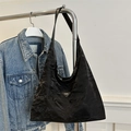 Chic black matte crinkle tote bag with triangle metal badge for daily commuting use - Black