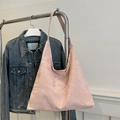 Pink pleated nylon hobo tote bag with wide shoulder strap and metal triangle logo - Pink
