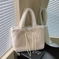 Chic cream white plush faux fur tote bag with drawstring detail and fluffy texture - White