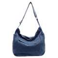 Deep blue denim tote bag with large front pocket and silver adjustable strap on white background - Light Blue