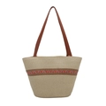 Minimalistische gewebte Stroh-Tote-Bag mit Ethno-Muster und braunen Schultergurten - Beige 1