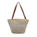 Minimalistische Strohtasche in Beige und Weiß gewebt mit braunen Leder-Schultergurten - Beige 2