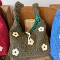 Winter faux fur green drawstring tote bag with white flower appliques and checkered lining - Moss Green