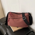 Retro red-brown plaid nylon crossbody bag with adjustable wide black strap and zip pockets - Red Brown