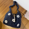 Dark blue plush tote bag with white flower decorations and drawstring closure - Navy Blue
