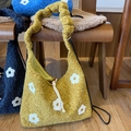 Winter plush floral tote bag with drawstring closure in yellow and blue options - Fruit Green