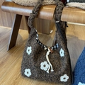 Winter brown faux shearling tote bag with white floral patterns and drawstring - Brown