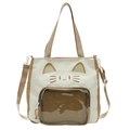 Japanische Umhängetasche mit Katzenmotiv und Sichtfenster in Beige und Braun - Khaki