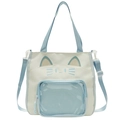 Süße Katzen-Leinentasche in Beige und Blau mit transparenter Tasche und Katzenohren - Blau