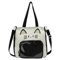 Japanische niedliche weiße Katzen-Canvas-Tragetasche mit transparenter Fronttasche - Schwarz