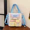 College-Stil Canvas-Tragetasche in Beige und Blau mit Kontrastfarben und vielen Taschen - Blau & Gelb