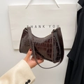 Dark brown crocodile pattern faux leather underarm bag with glossy finish and shoulder strap - Brown
