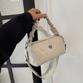 Chic beige nylon barrel bag with ruched handle and adjustable shoulder strap - Off White