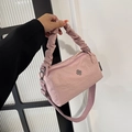 Pink nylon crossbody handbag with ruffled handle and adjustable shoulder strap for women - Pink