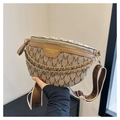 Detailed close-up of retro jacquard chest bag with gold chain and wide woven strap - Brown